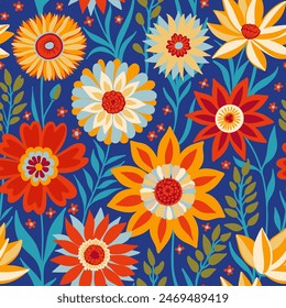 Floral Nahtloses Zufallsmuster mit Fantasy-Blumen im Böhmischen Stil in Blau, Rot, Gelb, Weiß Farben, ideal für Textilien, Flächen, Bildschirmhintergründe, Packpapiere, Stoffe, Drucke.