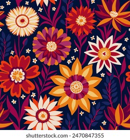 Floral Nahtlose Zufällige Muster von Fantasy-Blumen im böhmischen Stil in Magenta, Gelb, Weiß, Rot Farben auf Dunkelblau, ideal für Textilien, Flächen, Bildschirmhintergründe, Wickelpapiere, Stoffe, Drucke.