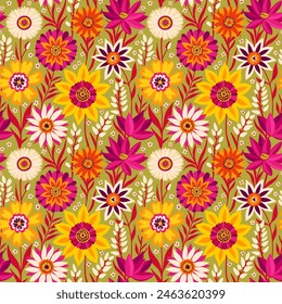 Patrón al azar sin costuras florales con vibrantes flores de fantasía coloridas en estilo bohemio en amarillo, magenta, verde oliva, blanco. Ideal para Textiles, Superficies, Fondos de pantalla, Envoltorios, Papel, Telas.