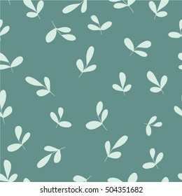 Floral seamless repeat on a green background with isolated elements. Cute pattern featuring leaves in a cartoon style. Hand drawn vector illustration. 