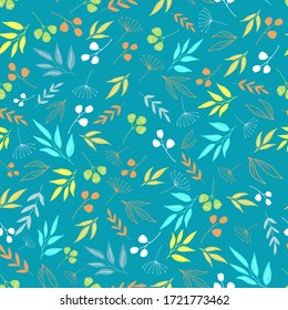 Nahtlose, florale Wiederholung mit Beeren und Blättern. Vektormuster mit kleinen Blumenelementen auf blauem Hintergrund.  Pflanzliche Textur für Gewebe, Umhüllung, Tapete und Papier.