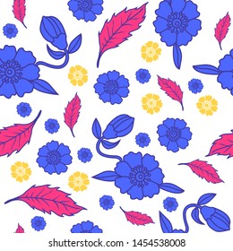 floral seamless repeat pattern with blue, red, and yellow colours combination