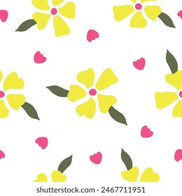 Floral seamless repeat pattern with hand drawn yellow daisy flowers on white background. Vector illustration. No AI generated content in this pattern.
