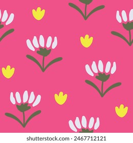 Floral seamless repeat pattern with hand drawn daisy flowers on pink background. Vector illustration. No AI generated content in this pattern.
