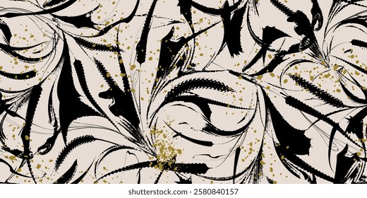 Floral seamless repeat pattern. Hand-drawn botanical flowers and leaves with golden splash. Vector illustration