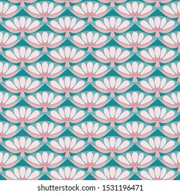 Floral seamless repeat pattern in pink, red and green A pretty vector nature background of flowers and leaves in a geometric design.