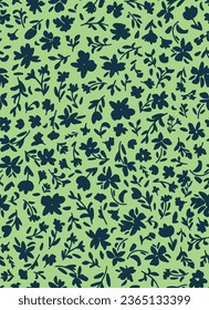 Floral seamless repeat pattern. Random placed, vector botany all over surface print on matcha green background.