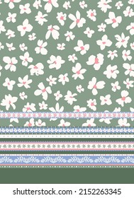 Floral seamless repeat pattern with striped border print on sage green background. Vector flower heads all over print with placed vertical repeating botanical and stripped elements on bottom.