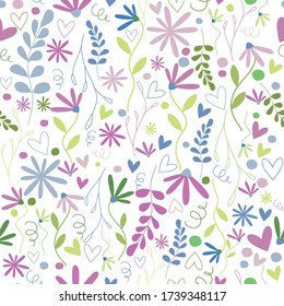 Floral Seamless repeat pattern in vector. Retro flowers, hearts, plats and other elements. Spring girly design.
