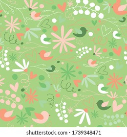 Floral Seamless repeat pattern in vector. Retro flowers, birds, hearts, plats and other elements. Spring girly design.
