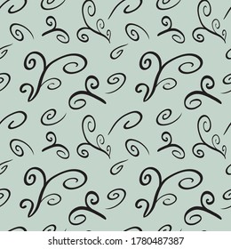 Floral Seamless Repeated Pattern of swirls black on green background.  Background, abstract, wallpaper, surface pattern.