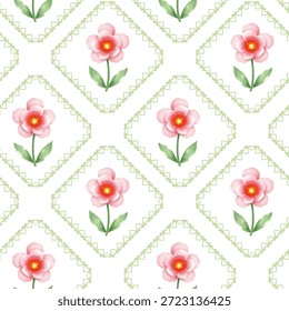 Floral Seamless repeating flower pattern, inside decorative diamond-shaped frames, botanical pattern, white background, for textile, wallpaper, wrapping paper.