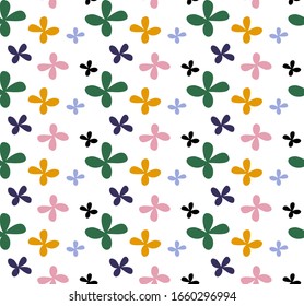 Floral seamless repeating pattern. abstract shapes with Green, Yellow, Pink and Blue colors. Abstract contemporary collage style poster, wallpaper, fabric, packaging and other textile products.