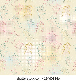Floral seamless retro pattern with hand drawn flowers and dots