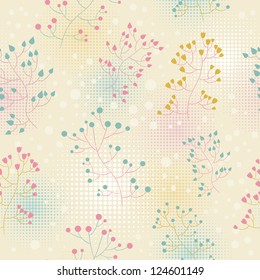 Floral seamless retro pattern with hand drawn flowers and dots