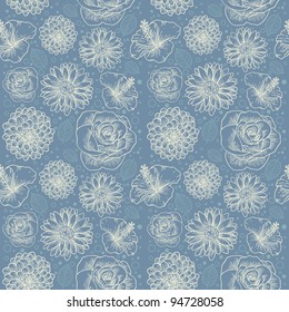 Floral seamless retro pattern with hand drawn flowers and dots