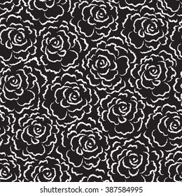 Floral seamless roses pattern. Black and white background with many roses 
