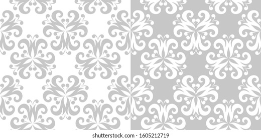 Floral seamless set of patterns. Gray and white backgrounds. Vector illustration