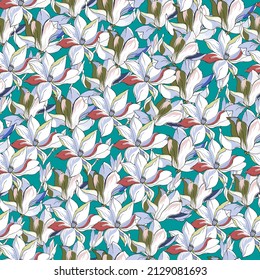 Floral seamless spring pattern, colorful painted lilies on a turquoise background, vintage print for fabric and home textiles.