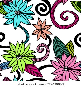 Floral seamless spring pattern. Hand drawn Vector. Colorful background with flowers.