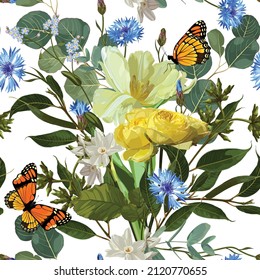 Floral Seamless spring Pattern with tulip, narcissus, roses flowers and eucalyptus leaves with butterfly. Blooming Flowers on white Background.	