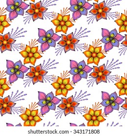 Floral seamless spring pattern with vintage colorful flowers, vector EPS 10