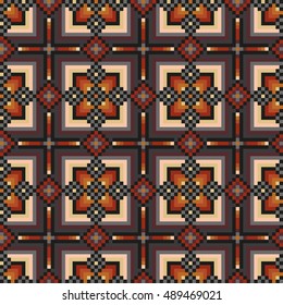 Floral seamless stitching pattern in dark colors. Pixel art. Vector illustration