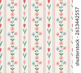 Floral seamless striped pattern with hand drawn beautiful flowers, garden blooming. Spring summer background. Vintage trendy print. Cottage core aesthetic. Vector illustration.