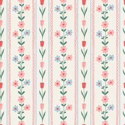 Floral seamless striped pattern with hand drawn beautiful flowers, garden blooming. Spring summer background. Vintage trendy print. Cottage core aesthetic. Vector illustration.