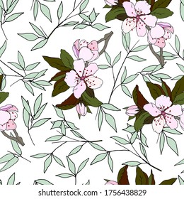 Floral seamless summer pattern. Ink hand-drawn pink flowers with green leaves.
