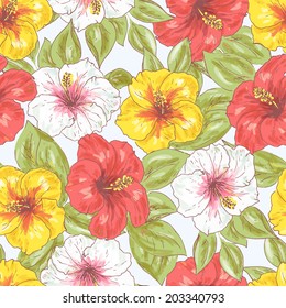 Floral seamless summer pattern. Tropical hibiscus background