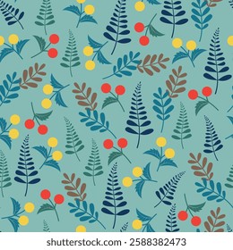 Floral seamless surface pattern of branchlets and berries. Allover print foliage texture of leaves and wild berries on light blue color background.  