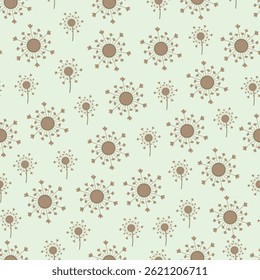 Floral seamless surface pattern of dandelion flowers. Allover print botanical texture of flowering plants on peppermint color background. 