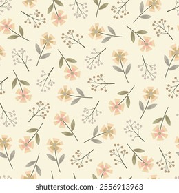 Floral seamless surface pattern design featuring blooming wildflowers, berries and leaves. Allover print flowers artwork of wild blossom on beige background. 