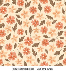 Floral seamless surface pattern design featuring blooming Scandinavian flowers and leaves. Allover print bohemian flowers artwork of wild blossom on Blanched Almond background. 