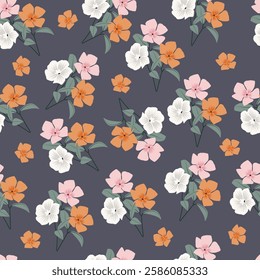 Floral seamless surface pattern design of stylized flowers and branchlets. Allover print flowery texture of multicolor wild flowers on dark gray color background. 