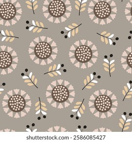 Floral seamless surface pattern design of mandala flowers and branchlets. Allover print flowery texture of multicolor abstract flowers on beige color background. 