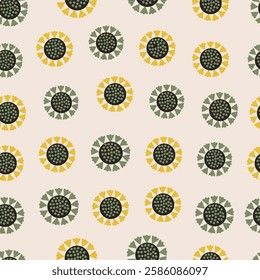 Floral seamless surface pattern design of mandala flowers. Allover print flowery texture of multicolor abstract flowers on eggshell color background. 