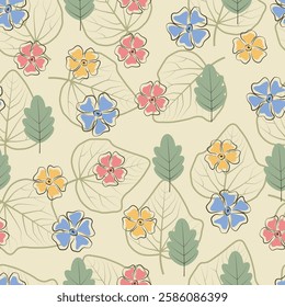 Floral seamless surface pattern design of scandi flowers and leaves outlines. Allover print flowery texture. Wildflowers bloom composite overlay artwork on dirty white color background.