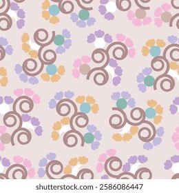 Floral seamless surface pattern design of abstract flowers. Allover print flowery texture of multicolor flowers on platinum color background. 