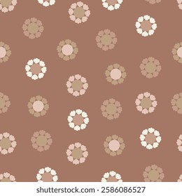 Floral seamless surface pattern design of scandi mandala flowers. Allover print flowery texture of abstract flowers on coffee mocha brown color background. 