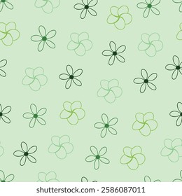 Floral seamless surface pattern design of frangipani line flowers. Allover print flowery texture of plumeria blossom artwork on mint green color background. 