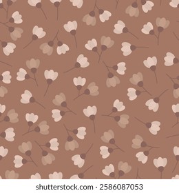 Floral seamless surface pattern design of flower buds. Allover print monochromatic flowery texture of wildflowers blossom artwork on coffee mocha brown color background.  