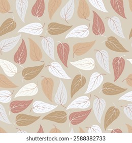 Floral seamless surface pattern of multicolor leaves. Allover print foliage texture of abstract leaves on pastel gray color background.