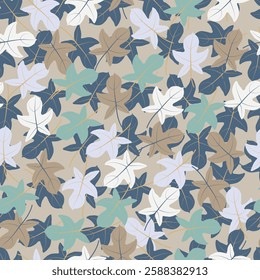 Floral seamless surface pattern of multicolor leaves. Allover print composite overlay foliage texture of abstract leaves on pale silver color background.