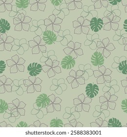 Floral seamless surface pattern of plumeria, periwinkle flowers and monstera leaves. Allover print flowery texture of tropical blossom artwork on sage green color background.   