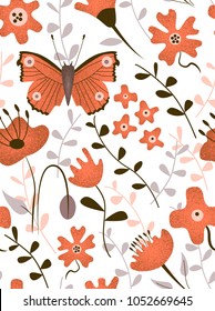 Floral seamless surface pattern with poppy flowers and butterfly. Modern texture for fabric, textile, wrapping paper, scrapbooking, notebook cover, interior design. Vector illustration