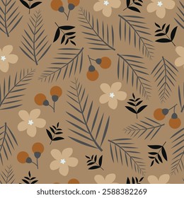 Floral seamless surface pattern of scandi flowers and palm leaves. Allover print flowery texture of wildflowers blossom on light taupe color background. 