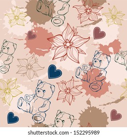 Floral seamless  and a teddy bear