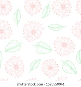 Floral seamless template endless pattern with hand drawn daisy flower gerberas marguerite and green leaves vector illustration